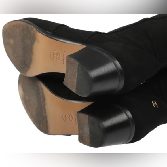 CHANEL BLACK LAMBSKIN SUEDE THIGH HIGH CC LOGO BOOTS SHOES 37 - Picture 6 of 9